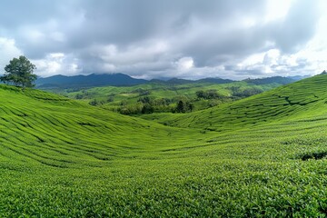 Fototapeta premium High-altitude drone shot capturing the geometric patterns of terraced agricultural fields. AI generated.. Beautiful simple AI generated image