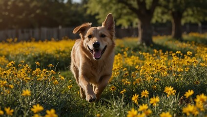 Dog joyfully running through a field of yellow flowers.