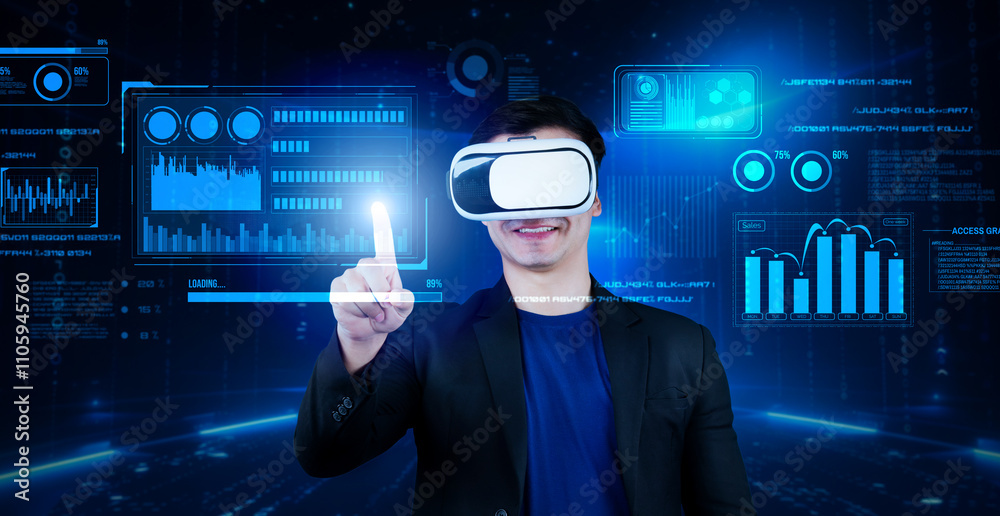 Poster smart business man with goggles working while using ai technology. manager accessing at global netwo
