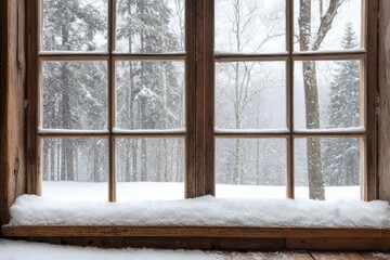 Snowy Winter Scene Viewed Through Rustic Window