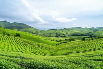 Fototapeta premium Landscape view of rice terraces in Asia, highlighting bio-ecological beauty and agricultural harmony.. Beautiful simple AI generated image