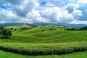 Obraz premium High-altitude drone shot capturing the geometric patterns of terraced agricultural fields. AI generated.. Beautiful simple AI generated image