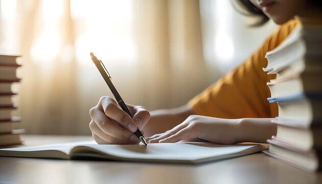 Focused writing moment in indoor lighting with academic atmosphere