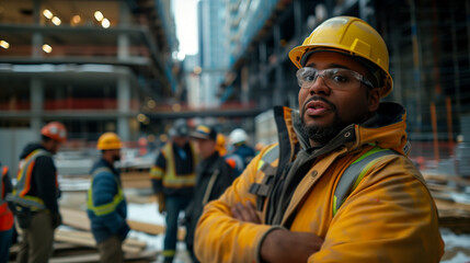 Construction team conducting morning safety briefing