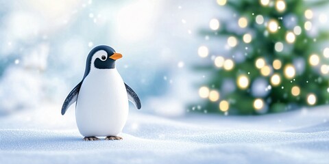 Fototapeta premium A penguin is standing on a snowy field next to a Christmas tree. The scene is peaceful and serene, with the penguin being the only living creature in the image