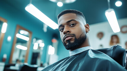 A confident man in a barber chair, showcasing a fresh fade haircut, surrounded by a chic barber shop interior with subtle decorative details and glowing overhead lights