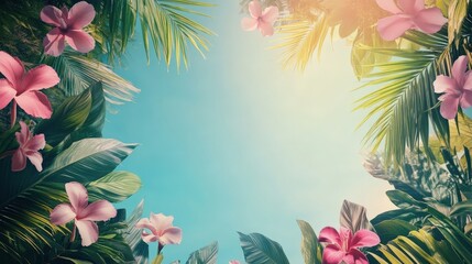 Obraz premium Tropical Floral Background With Pink Hibiscus and Palm Leaves