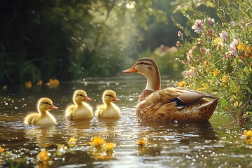 A mother duck and her three ducklings swim peacefully in a sunlit stream, surrounded by vibrant wildflowers.