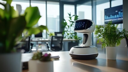 Modern Office Space with Smart Robot Assistant and Green Plants