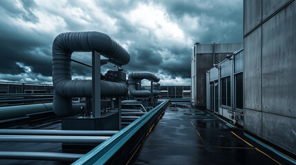 Naklejka premium An industrial rooftop setting with a large HVAC unit, featuring a maze of pipes and ducts, surrounded by concrete and metal surfaces under an overcast sky