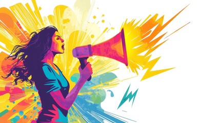 Confident Woman Holding Megaphone Amid Colorful Explosive Backdrop