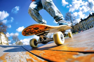 Selbstklebende Fototapeten Young man showcases impressive skateboard skills on a sunny day, capturing the essence of summer fun and outdoor lifestyles at the skate park © Anoo