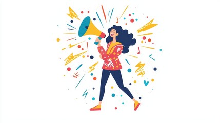 Confident and Vibrant Woman Announcing with Megaphone in Colorful