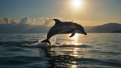 Fototapeta premium Dolphin leaping from water with sunlight reflection.