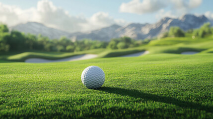 The golf ball is on a green lawn in a beautiful golf course with morning sunshine.