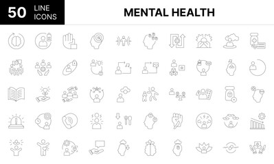 Collection of 50 Mental health line icons featuring editable strokes. These outline icons depict various modes of Mental health, medication, rumination, burnout, resilience,