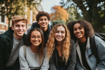 Fototapeta premium Portrait of a smiling diverse group of students on college campus