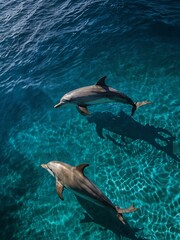 Dolphins swimming through tropical blue waters from above.