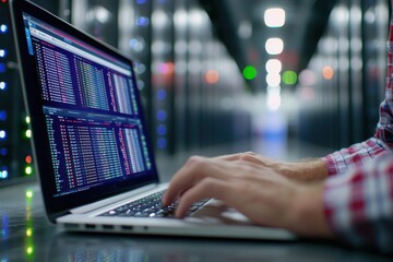 Data Analysis on Laptop in Server Room with Colorful Lights