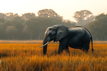 Obraz premium Majestic African Elephant Walking Through Golden Grassland at Sunset.