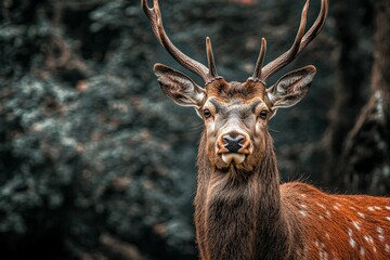 Fototapeta premium A lone deer grazes in a sun-drenched forest clearing.. Beautiful simple AI generated image
