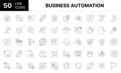 Collection of 50 Business automation line icons featuring editable strokes. These outline icons depict various modes of Business automation, Advanced technology offers a competitive,