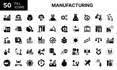 Collection of 50 manufacturing fill icons featuring editable strokes. These outline icons depict various modes of manufacturing, Automobile, chemical, consumer, design,