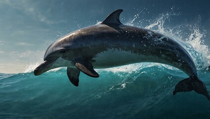 Naklejka premium Double exposure of an Indian dolphin with ocean waves.