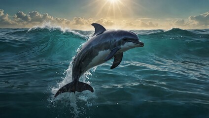 Fototapeta premium Double exposure of an Indian dolphin with ocean waves.