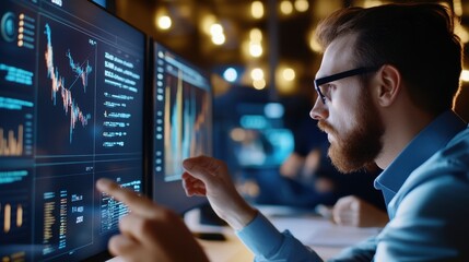 Fototapeta premium Professional Man Analyzing Data on Multiple Monitors in Office
