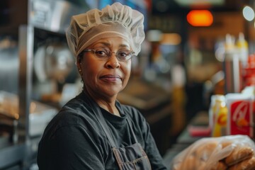 Middle aged African American female fast food worker