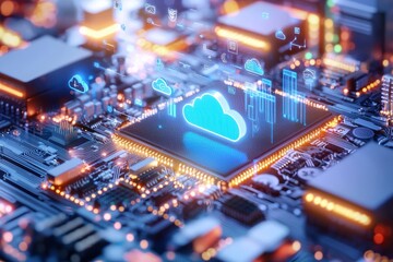 Fototapeta premium Futuristic Circuit Board with Cloud Technology and Data Icons
