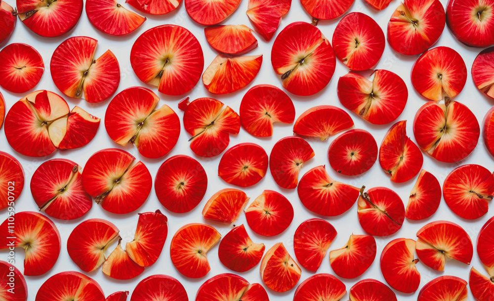 Poster Close up of red apples with the skin removed. The apples are cut into slices and arranged in a pattern