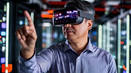 Man Engaging with Virtual Reality Technology in Data Center Setting