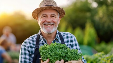 Cheerful Farmer Holding Fresh Greens Outdoors