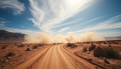Dusty road in desert landscape. Adventure, travel, off road.
