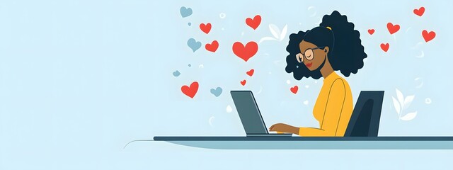 A businesswoman is receiving an online love message on her laptop, a flat design illustration with simple shapes and lines, a vector graphic