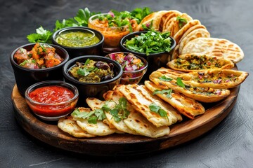 Flavorful Indian Cuisine Platter with Varied Dishes and Sauces