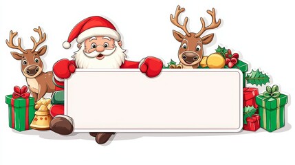 Cheerful Santa Claus with Reindeer Holding Blank Sign for Holiday Greeting