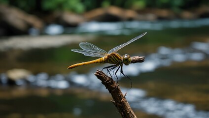 Dragonfly dancing over a stream in Kochi, Japan.