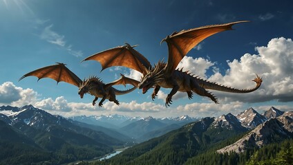 Naklejka premium Dragons flying over mountains under a blue sky.