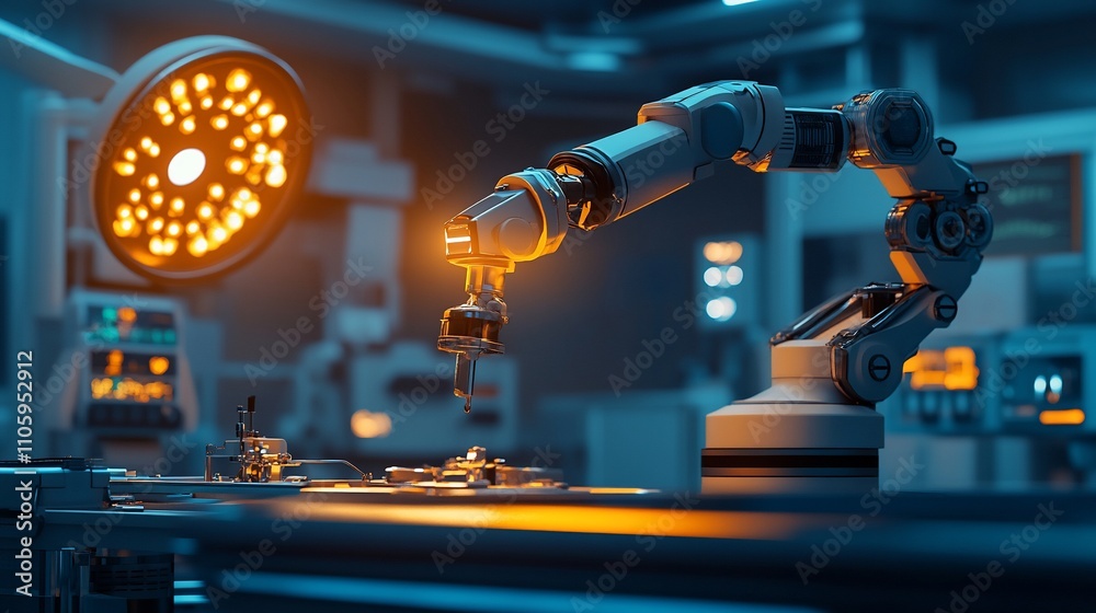 Poster robotic arm performing precision task in futuristic factory.