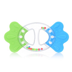 Plastic colored baby rattle isolated on a white background. A bright rattle for a child. Toys for concentration of attention