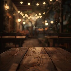 Empty wooden table with christmas theme in background, Warm Glow: A Cozy Evening at a Wooden Table