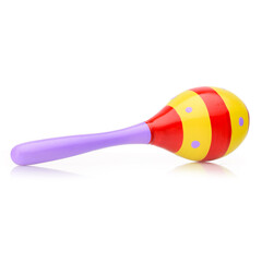 Wooden colored baby rattle isolated on a white background. Bright maracas for a child. Toys for concentration of attention