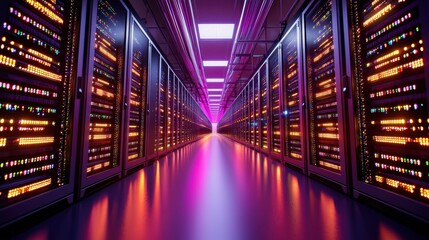 Futuristic Data Center with Neon Lights and Server Racks Perspective