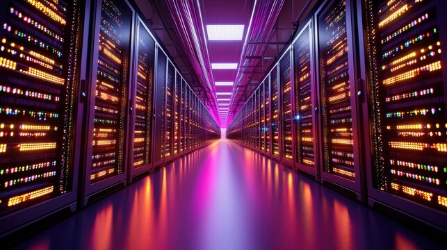 Futuristic Data Center with Neon Lights and Server Racks Perspective
