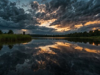 Fototapeta premium Dramatic sky reflected across a lake.