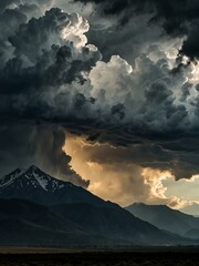 Naklejka premium Dramatic storm clouds over a mountain range.