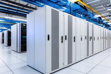 Modern Server Room with Rows of Data Storage Cabinets and Blue Lights